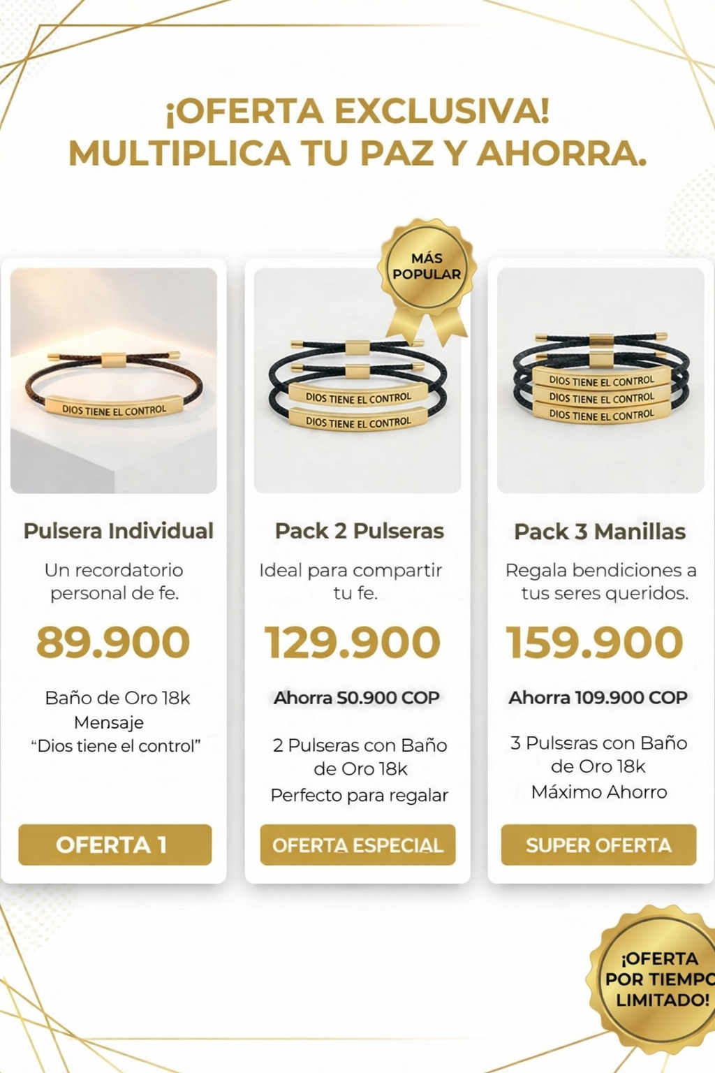 Pulsera “Dios Tiene el Control” (Baño en Oro 18K) + Ebook GRATIS